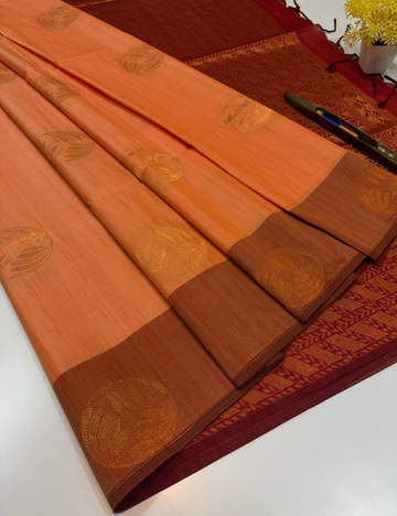 Peach Soft Silk Saree with Maroon Pallu | Elegant Festive & Traditional Wear