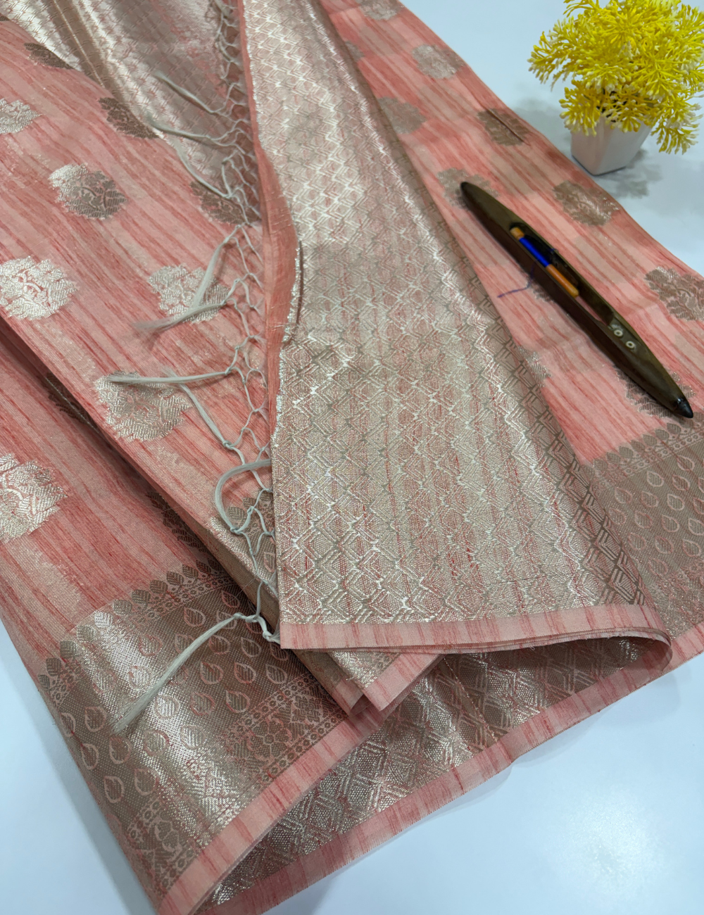 Peach Matka Silk Cotton Saree with Full Zari Butta | Rich Zari Border & Brocade Blouse