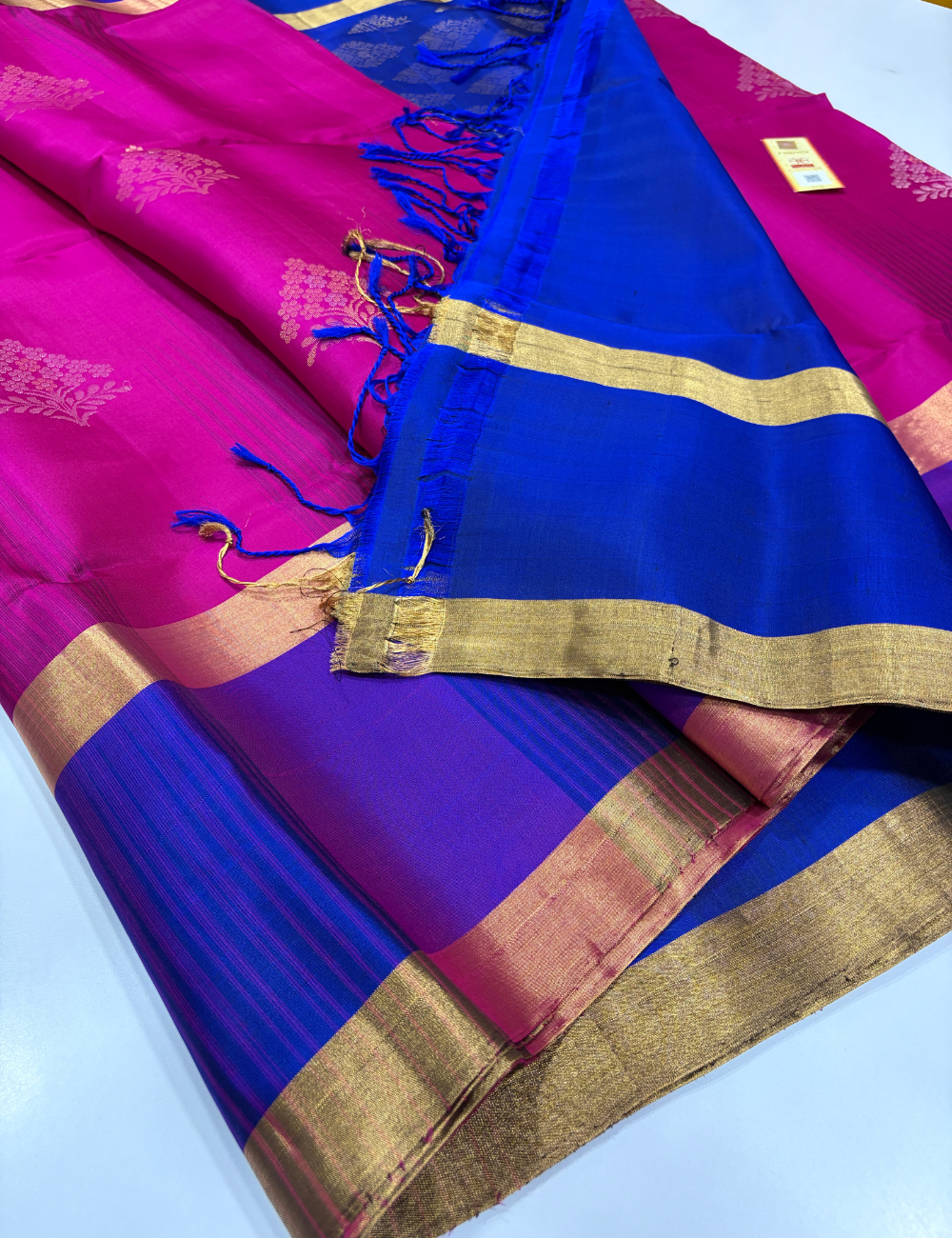 Tie & Dye Contrast Rettapet Border Meena Butta Handloom Pure Soft Silk Saree – Rani Pink & Royal Blue