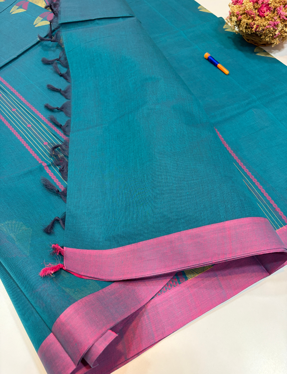 Negamam 80s Count Pure Cotton Saree in Rama Blue with Contrast Border | Without Jari | Self Colour Pallu | Plain Blouse