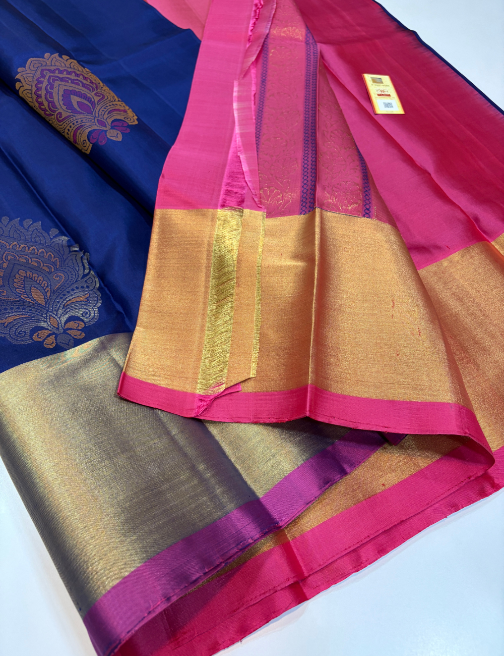 Navy Blue Handloom Pure Soft Silk Saree with Silk Mark | Lotus Pink Pallu & Blouse with Meena Butta Weaves