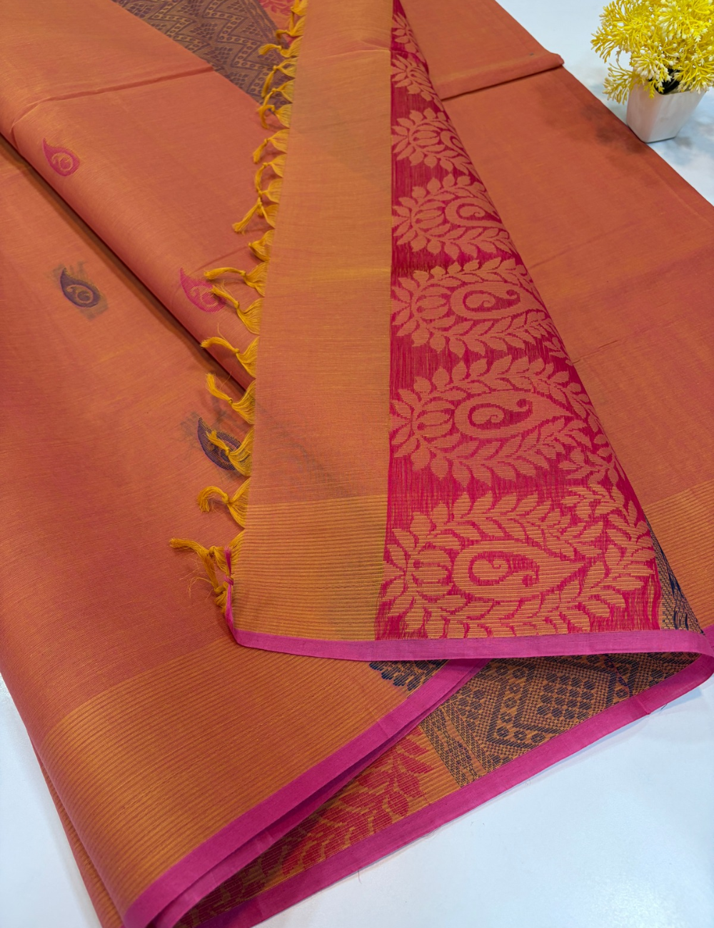 Mustard Orange Negamam Handloom Pure Cotton Saree with Mango Thread Putta & Pink Contrast Piping Border | 100-Count Cotton