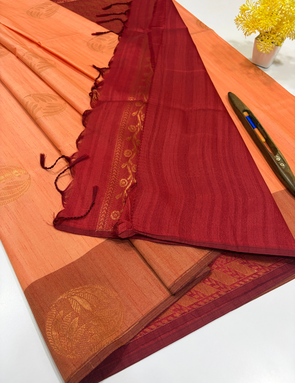 Peach Soft Silk Saree with Maroon Pallu | Elegant Festive & Traditional Wear