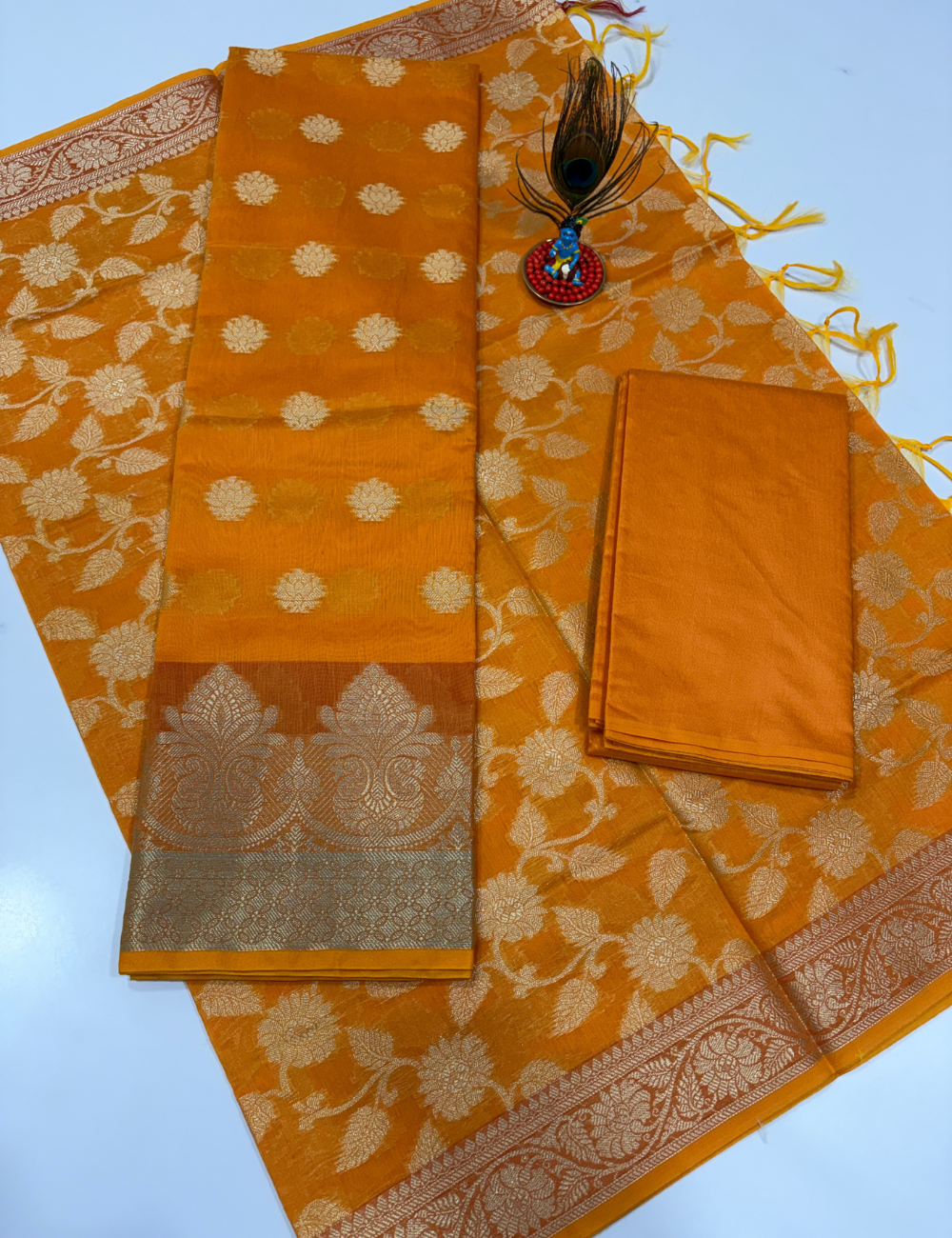 Mango Orange Handloom Silk Cotton 3 Pc Salwar Set with Self Weave Floral Jacquard | Vibrant Monotone Ethnic Dress Material