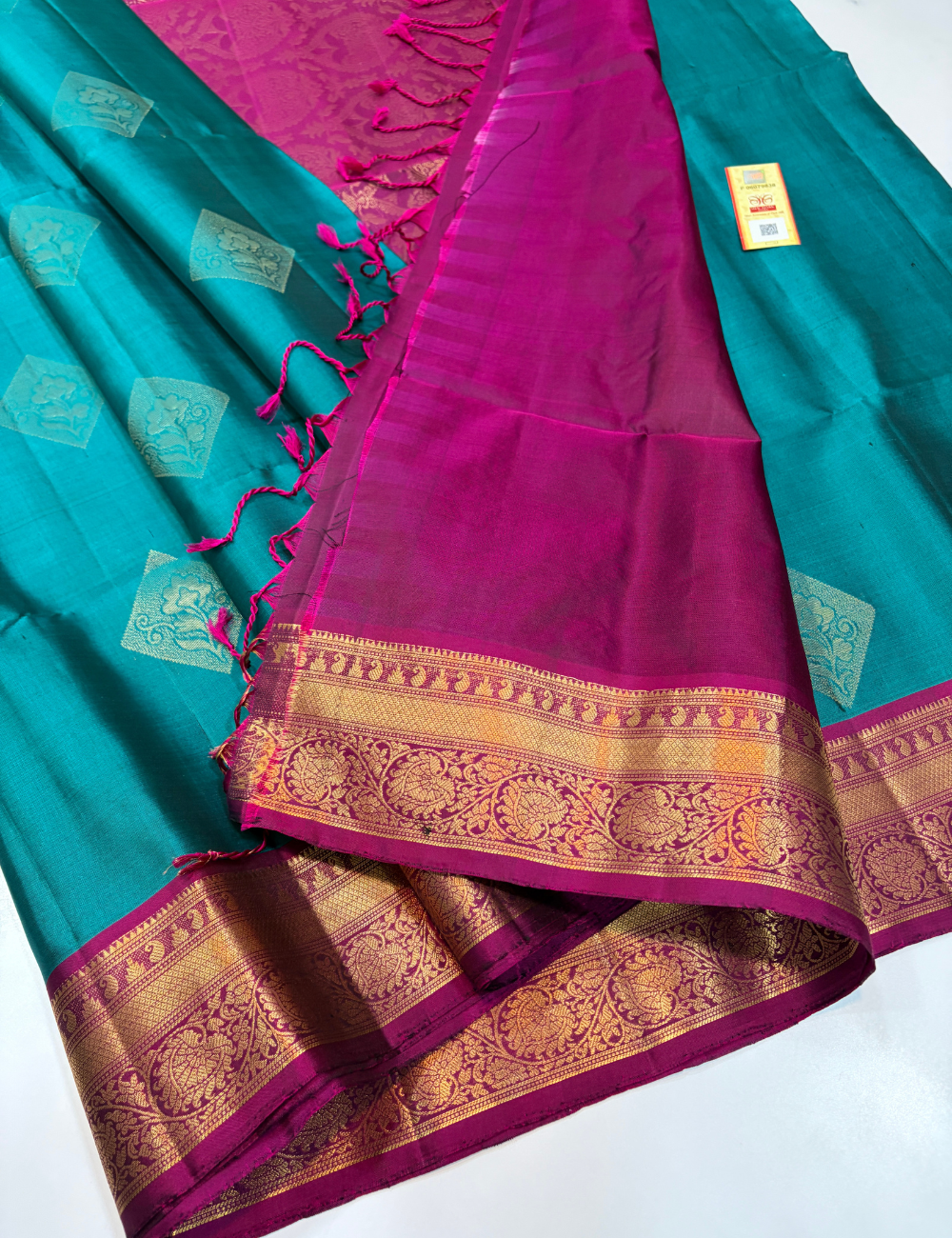 Vibrant Turquoise Blue & Berry Pink Kanchi Border Handloom Pure Softsilk Saree