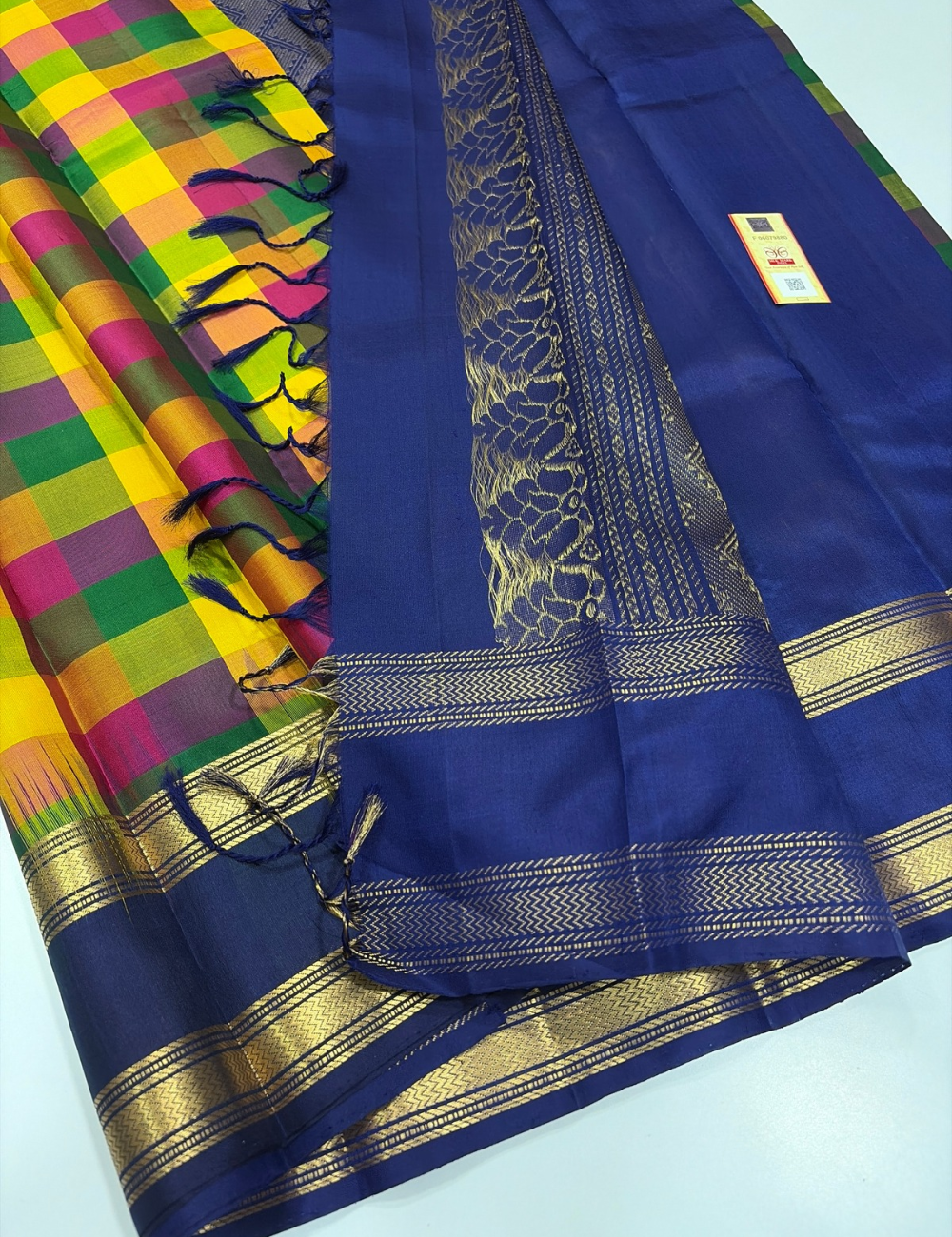 Multi Colour Palum Pazhamum Multi-Check Handloom Pure Soft Silk Saree with Karu Neelam Rettapet Tie and Dye Contrast Border | Silk Mark Certified