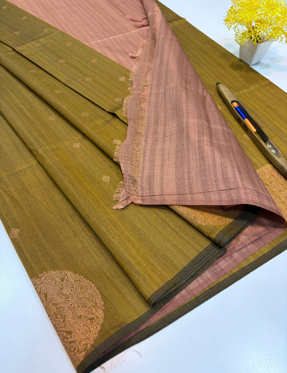 Aurelia Soft Silk Saree – Olive Gold with Dusty Rose