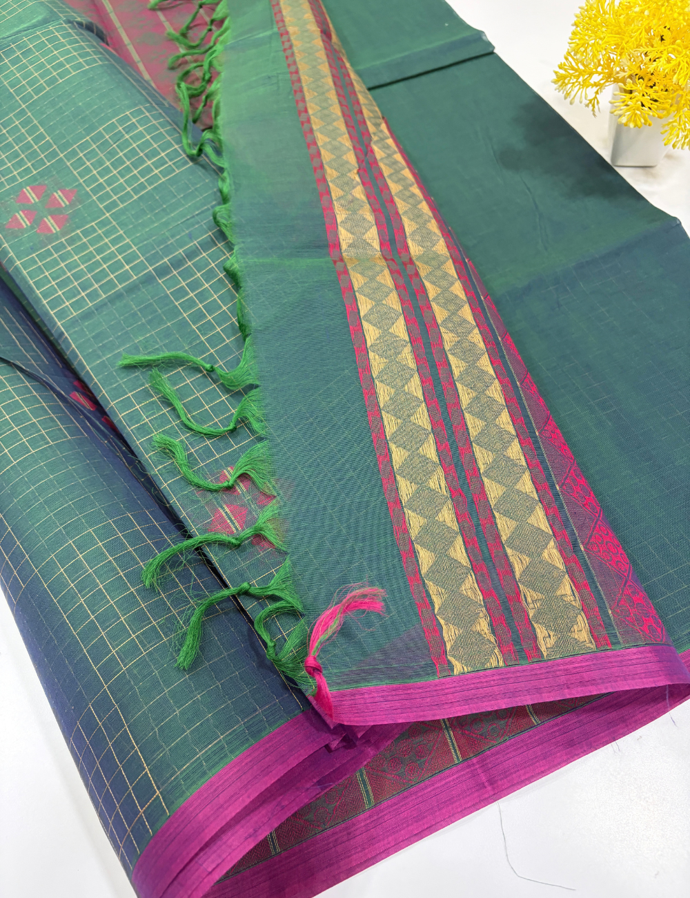 Pure Cotton Pochampally Fancy Checked Saree | Teal Green & Magenta