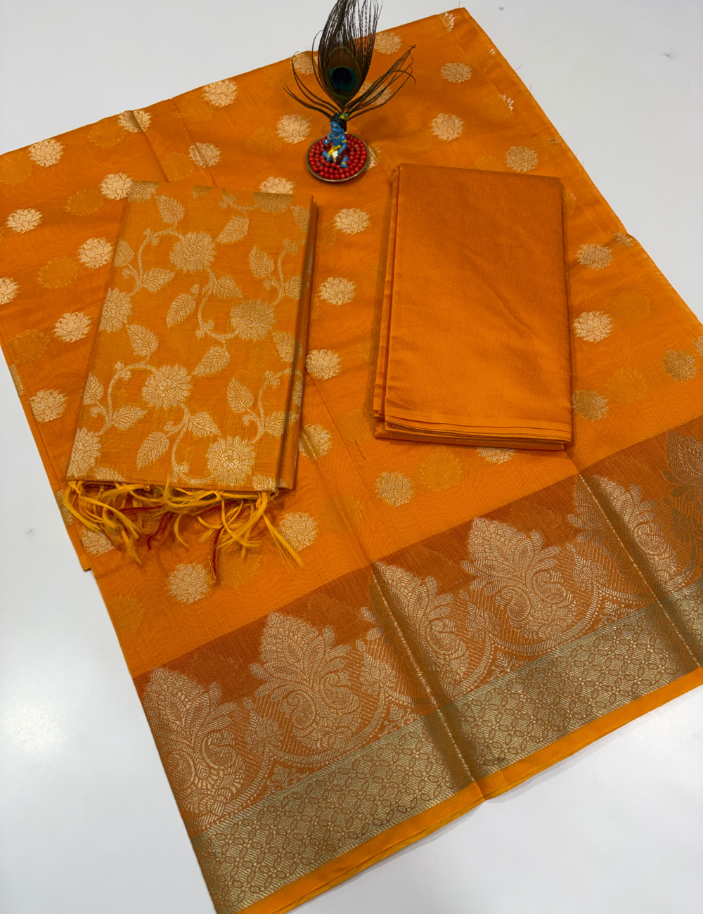 Mango Orange Handloom Silk Cotton 3 Pc Salwar Set with Self Weave Floral Jacquard | Vibrant Monotone Ethnic Dress Material
