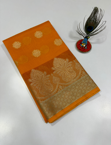 Mango Orange Handloom Silk Cotton 3 Pc Salwar Set with Self Weave Floral Jacquard | Vibrant Monotone Ethnic Dress Material