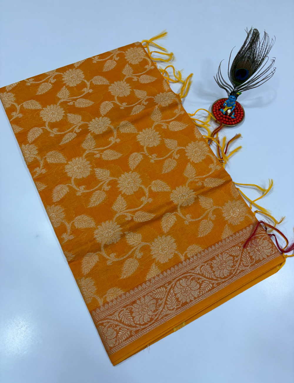 Mango Orange Handloom Silk Cotton 3 Pc Salwar Set with Self Weave Floral Jacquard | Vibrant Monotone Ethnic Dress Material