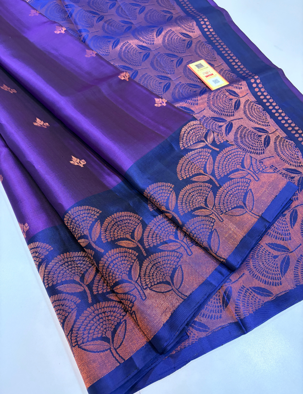 Deep Violet Handloom Pure Soft Silk Saree with Dark Blue Pallu & Blouse | Rich Copper Zari Turning Border | Silk Mark Certified  Description: