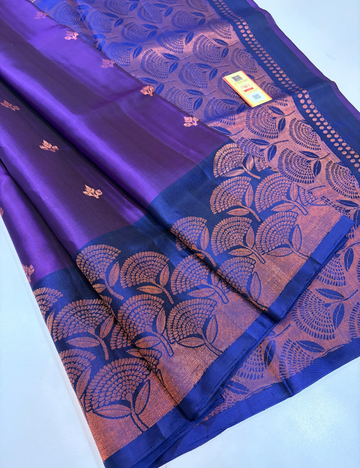 Deep Violet Handloom Pure Soft Silk Saree with Dark Blue Pallu & Blouse | Rich Copper Zari Turning Border | Silk Mark Certified  Description: