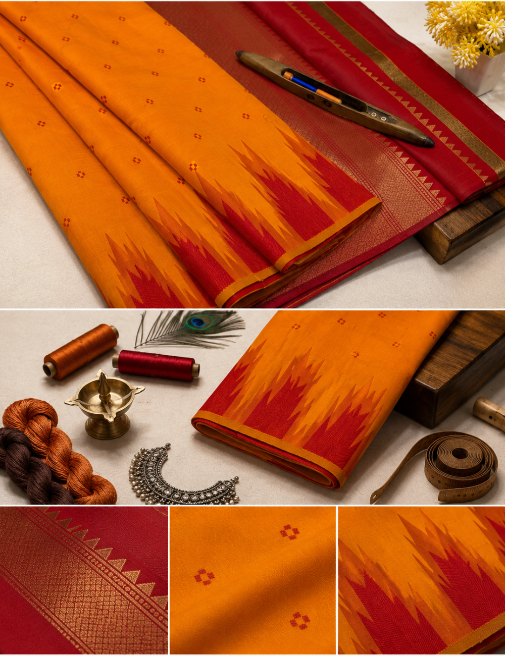 Bright Yellow Semi Soft Silk Saree with Maroon Temple Border | Thread Weaving Rich Pallu & Traditional Buttas
