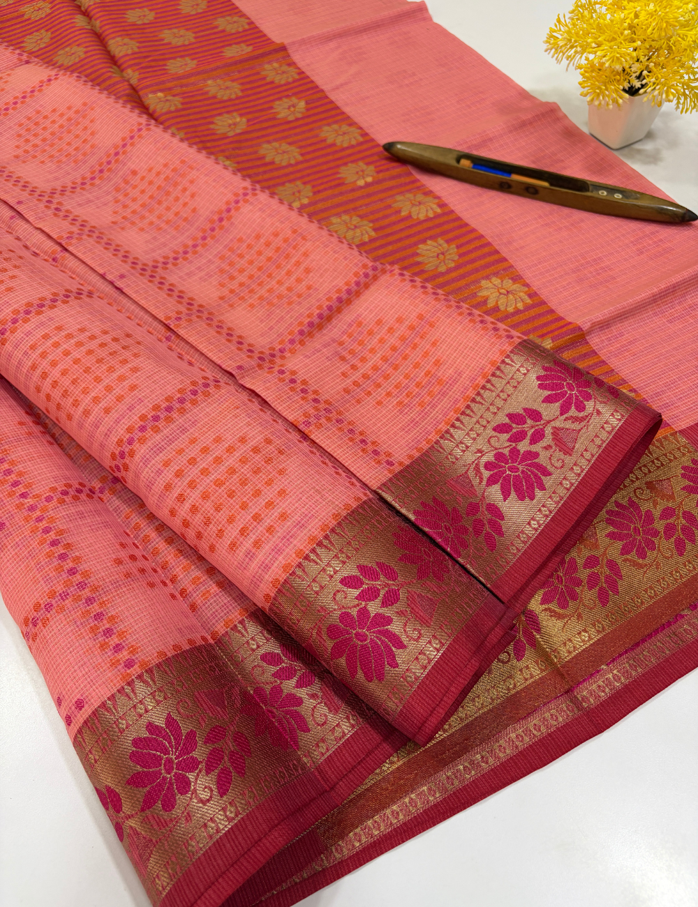Handloom Lotus Pink Kota Cotton Saree with Kanchi Style Border | Rich Pallu & Full Brocade Blouse