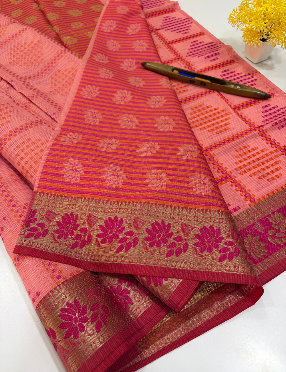 Handloom Lotus Pink Kota Cotton Saree with Kanchi Style Border | Rich Pallu & Full Brocade Blouse