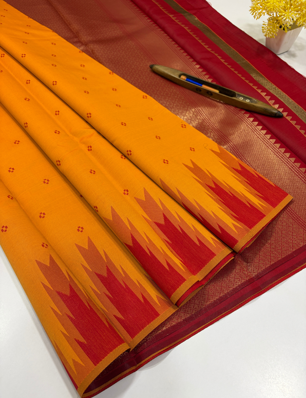 Bright Yellow Semi Soft Silk Saree with Maroon Temple Border | Thread Weaving Rich Pallu & Traditional Buttas
