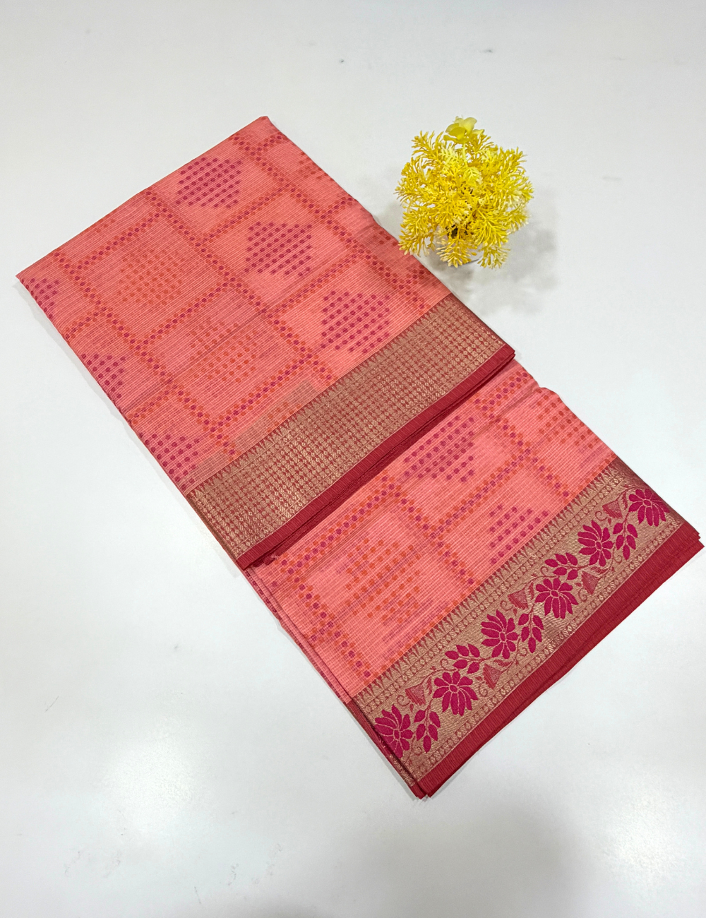 Handloom Lotus Pink Kota Cotton Saree with Kanchi Style Border | Rich Pallu & Full Brocade Blouse