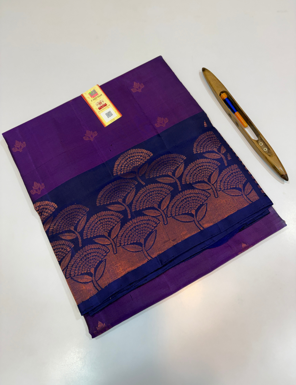 Deep Violet Handloom Pure Soft Silk Saree with Dark Blue Pallu & Blouse | Rich Copper Zari Turning Border | Silk Mark Certified  Description: