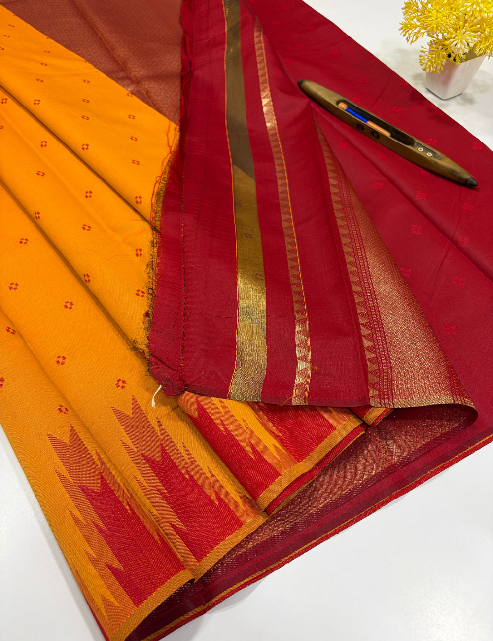 Bright Yellow Semi Soft Silk Saree with Maroon Temple Border | Thread Weaving Rich Pallu & Traditional Buttas