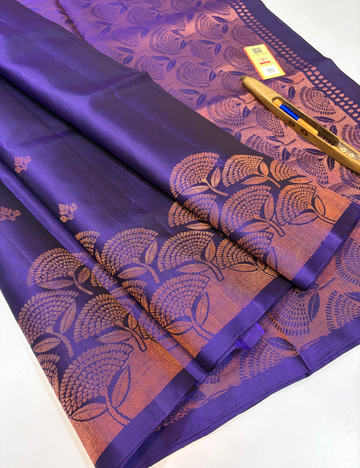 Deep Violet Handloom Pure Soft Silk Saree with Turning Border | Monotone Pallu & Blouse | Silk Mark Certified