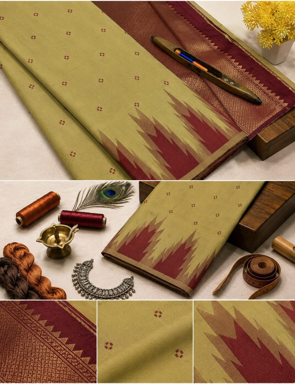 Elegant Elachi Green Semi Soft Silk Saree with Maroon Temple Border | Thread Weaving Rich Pallu & Traditional Buttas