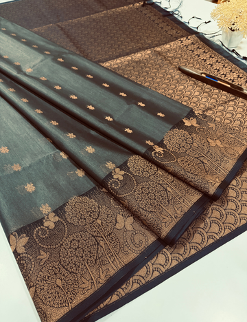 Handloom Grey Pure Silk Cotton Saree with Turning Border | Brown Pallu & Blouse