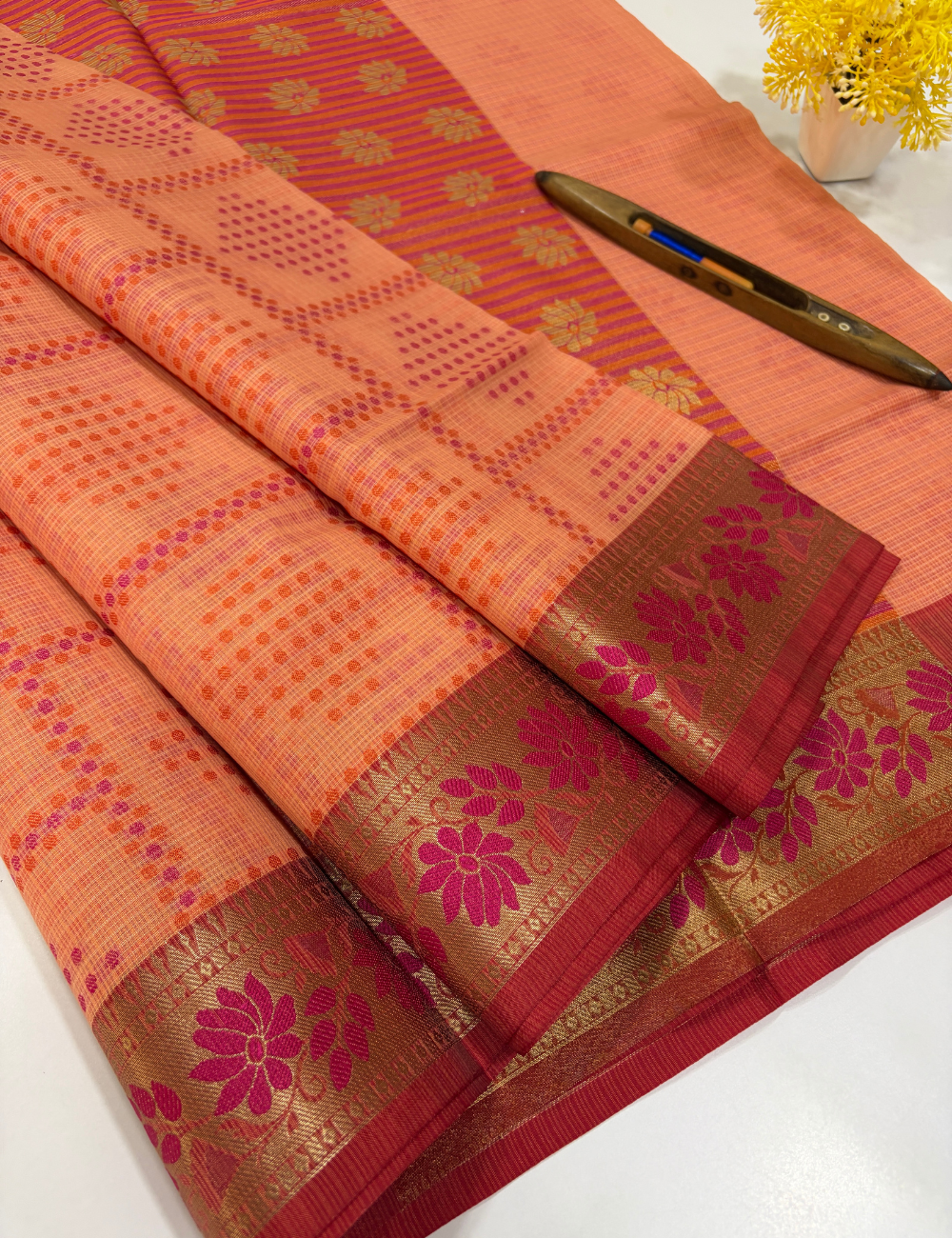 Handloom Baby Pink Kota Cotton Saree with Kanchi Style Border | Rich Pallu & Full Brocade Blouse