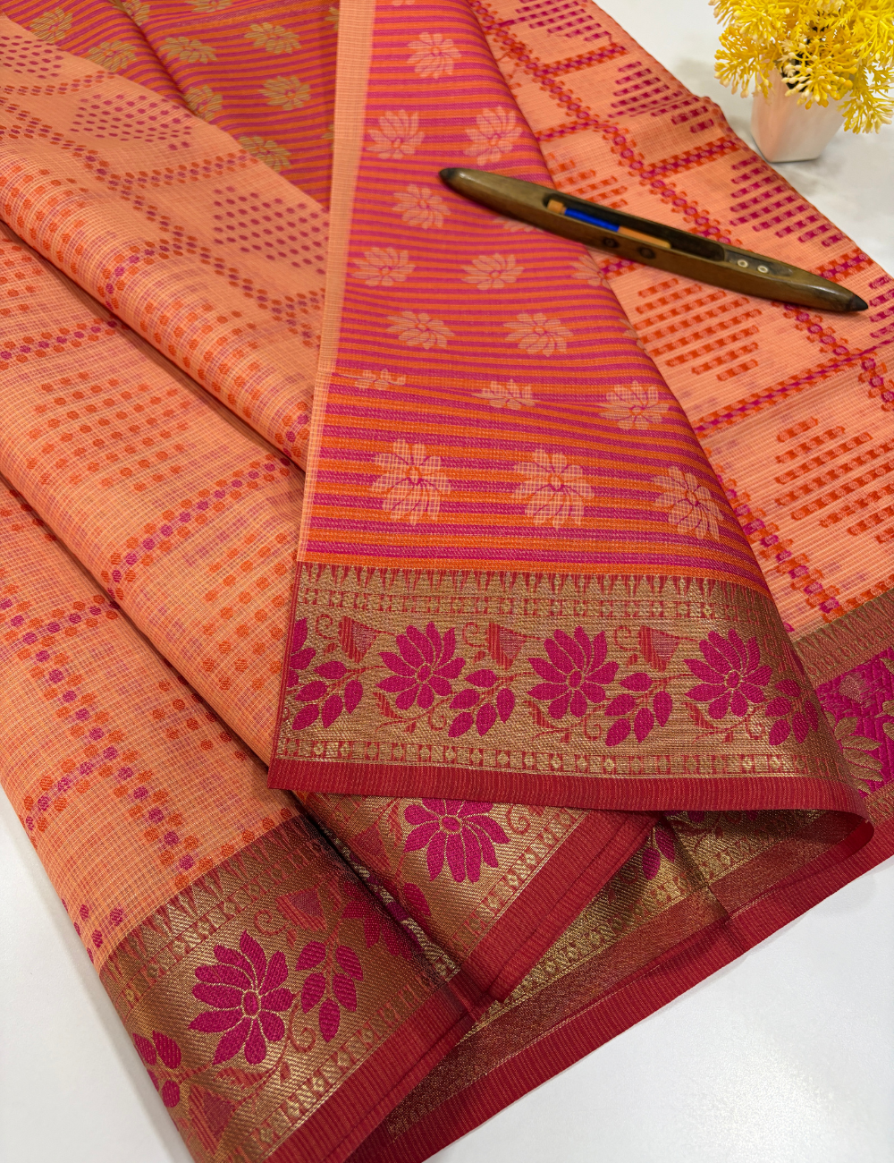 Handloom Baby Pink Kota Cotton Saree with Kanchi Style Border | Rich Pallu & Full Brocade Blouse