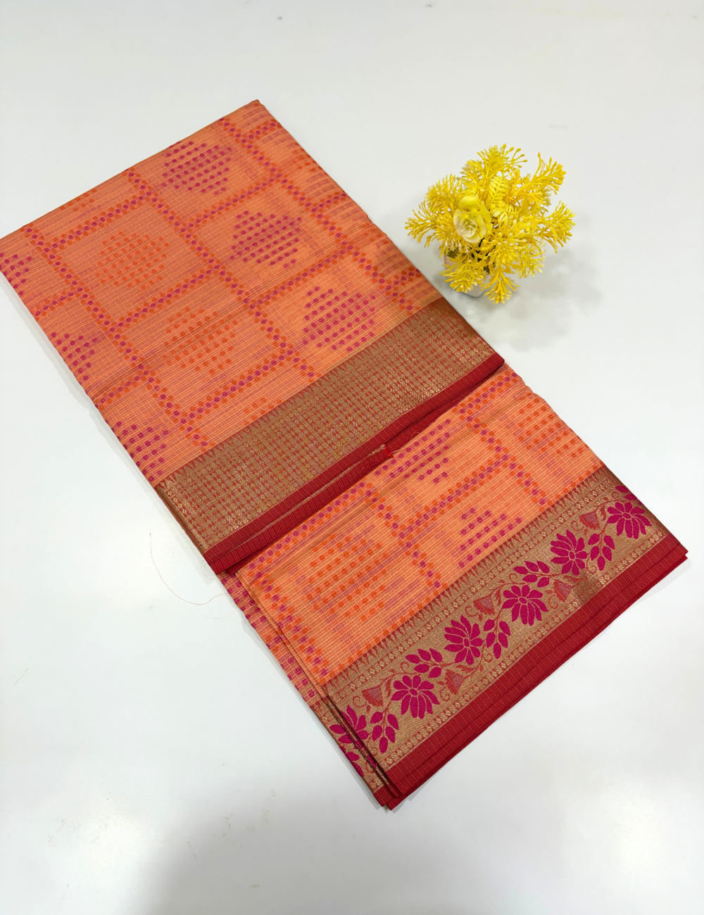Handloom Baby Pink Kota Cotton Saree with Kanchi Style Border | Rich Pallu & Full Brocade Blouse