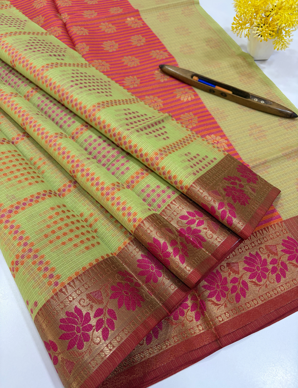 Handloom Pastel Green Kota Cotton Saree with Kanchi Style Border | Rich Pallu & Full Brocade Blouse