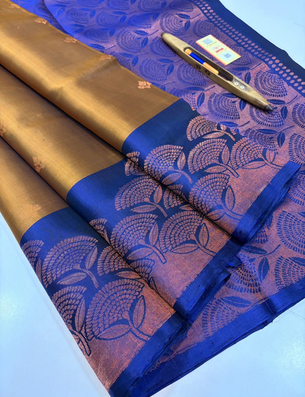Golden Beige Handloom Pure Soft Silk Saree with Contrast Turning Border | Royal Blue Pallu & Blouse | Silk Mark Certified