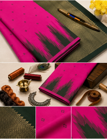 Beautiful Candy Pink Semi Soft Silk Saree with Bottle Green Temple Border | Thread Weaving Rich Pallu & Traditional Buttas
