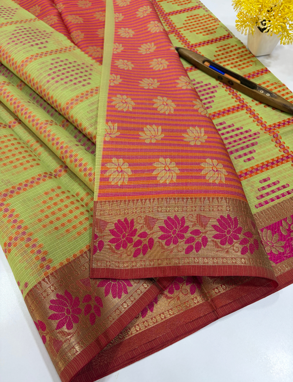 Handloom Pastel Green Kota Cotton Saree with Kanchi Style Border | Rich Pallu & Full Brocade Blouse