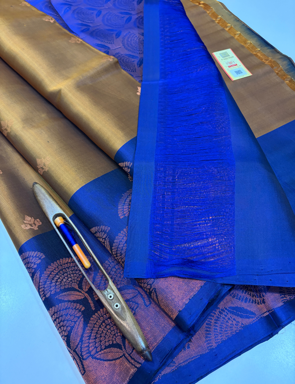 Golden Beige Handloom Pure Soft Silk Saree with Contrast Turning Border | Royal Blue Pallu & Blouse | Silk Mark Certified