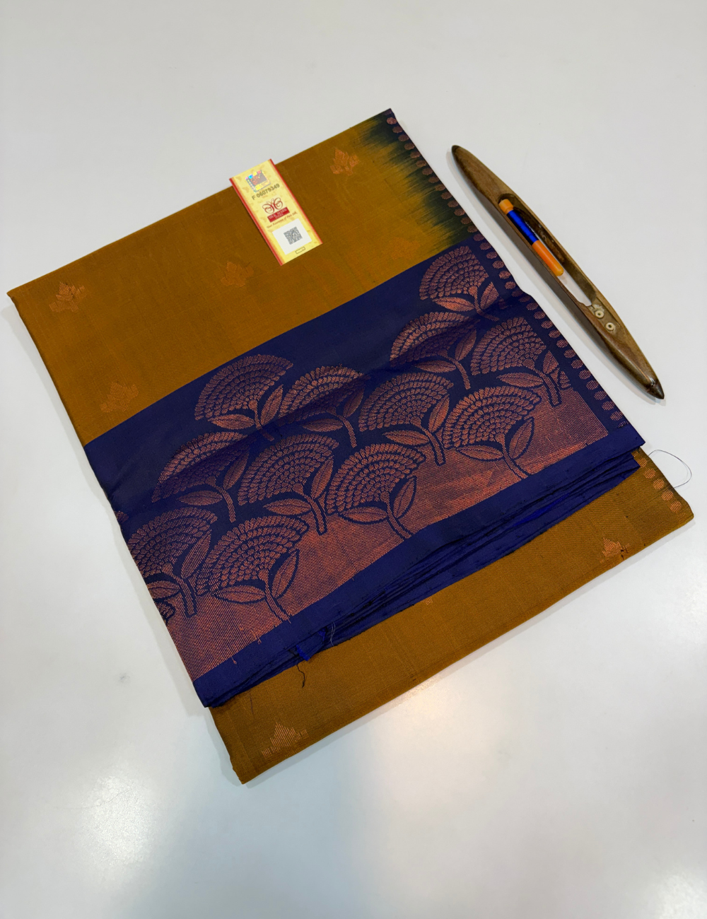 Golden Beige Handloom Pure Soft Silk Saree with Contrast Turning Border | Royal Blue Pallu & Blouse | Silk Mark Certified