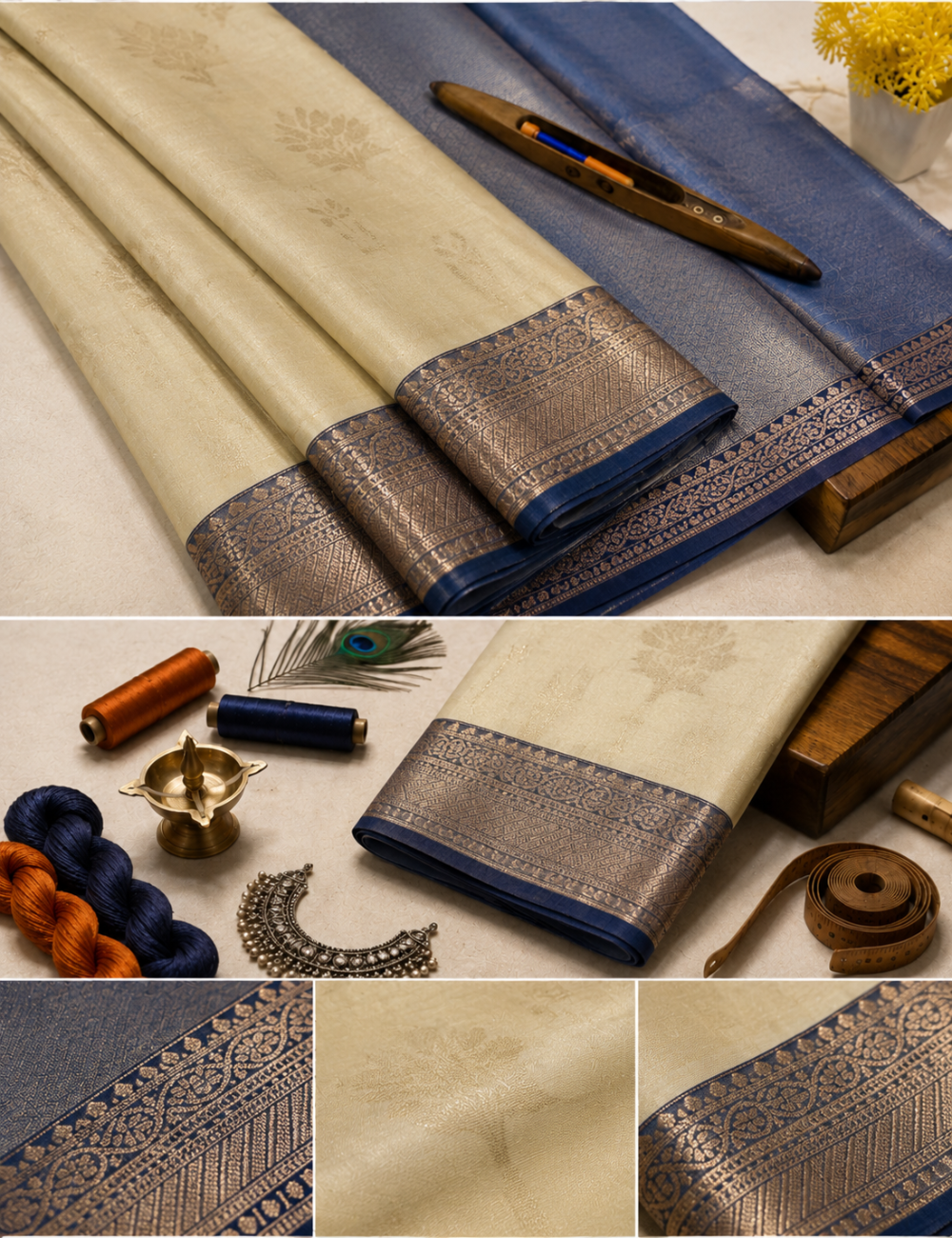 Handloom White Soft Cotton Saree with Kanchi Border | Sea Blue Pallu & Blouse