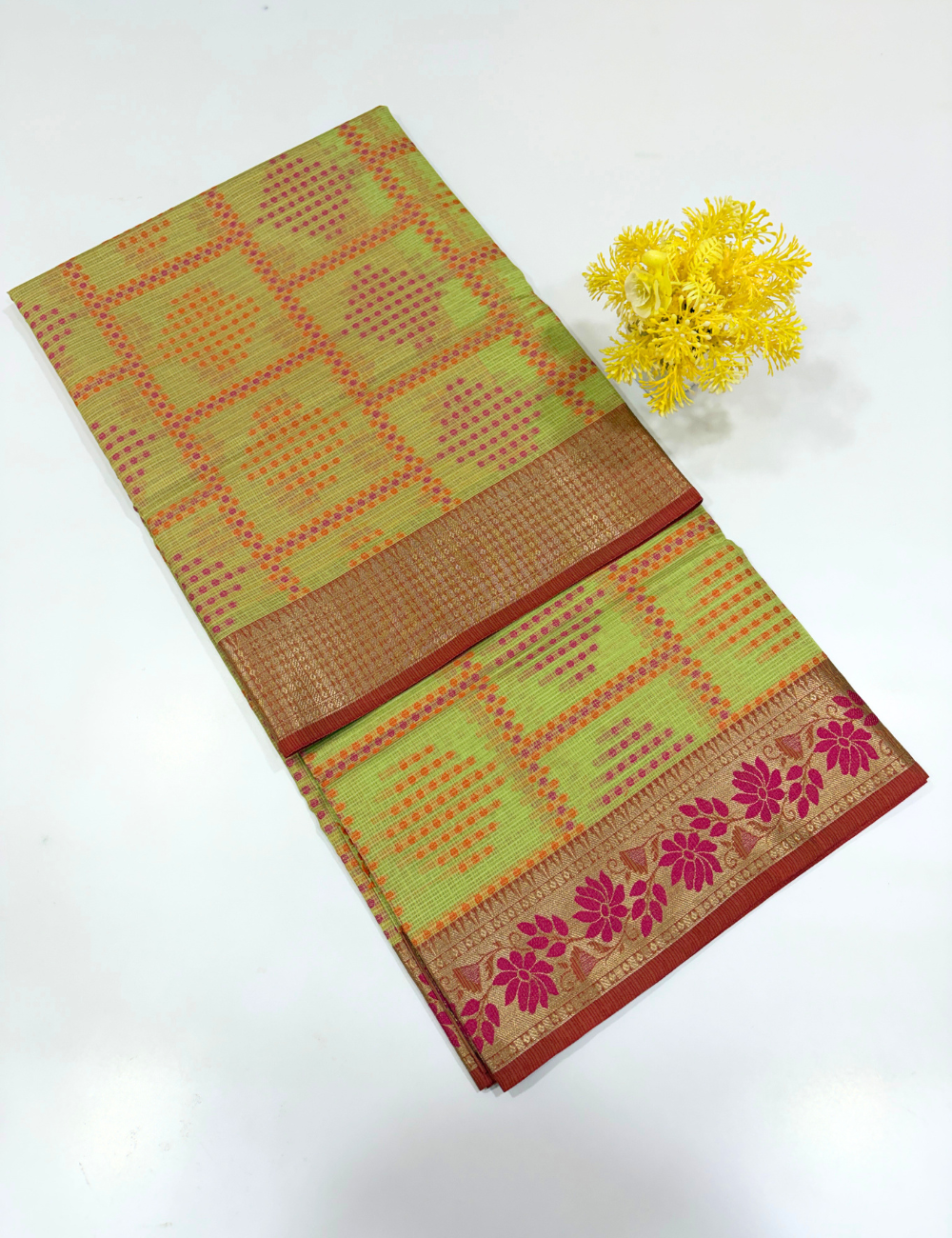 Handloom Pastel Green Kota Cotton Saree with Kanchi Style Border | Rich Pallu & Full Brocade Blouse
