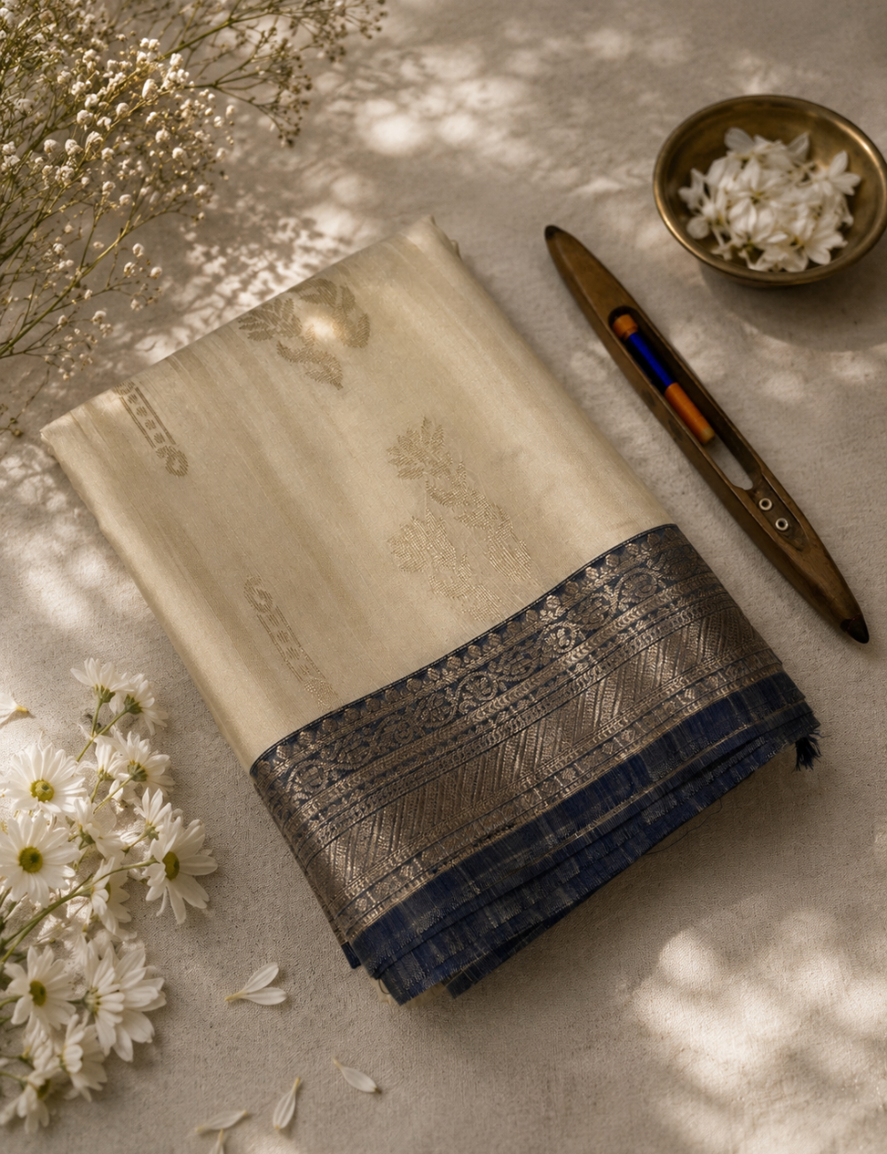 Handloom White Soft Cotton Saree with Kanchi Border | Sea Blue Pallu & Blouse