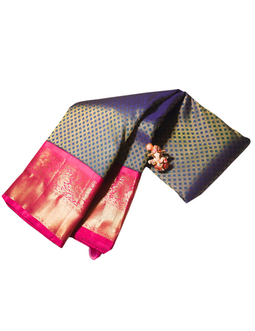 Bridal Handloom Kanchipuram Silk Saree – Peacock Blue & Pink with 1g Gold Zari