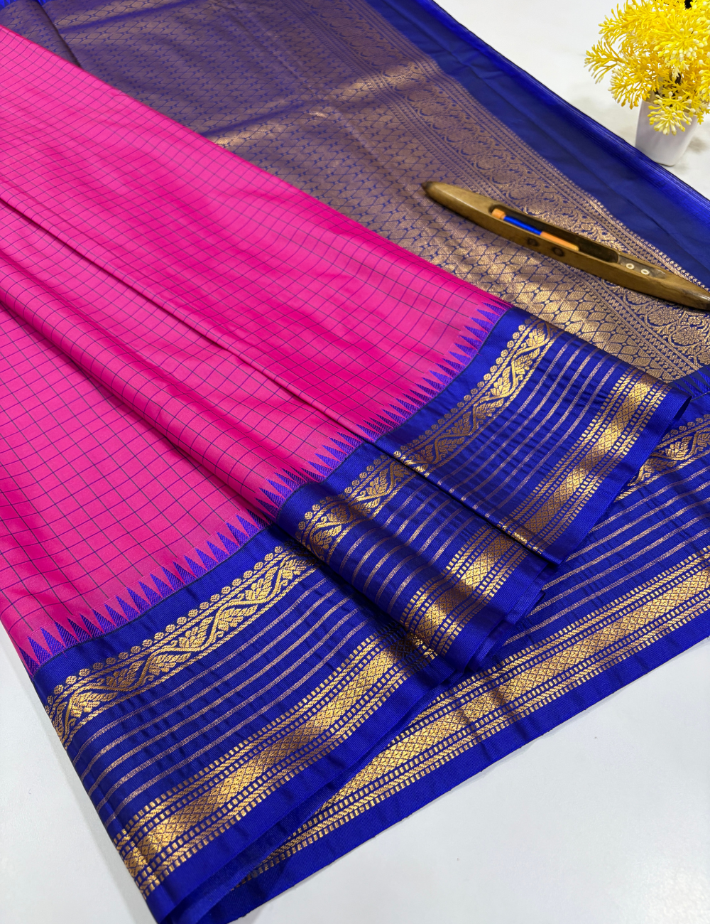 Handloom Rani Pink Checked Semi Soft Silk Saree with Contrast Border | Royal Blue Pallu & Blouse