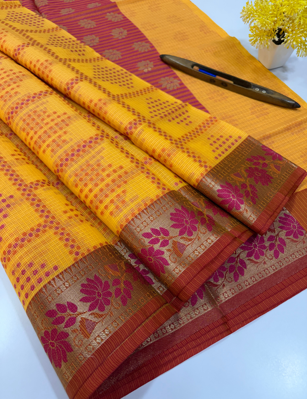 Handloom Mango Yellow Kota Cotton Saree with Kanchi Style Border | Rich Pallu & Full Brocade Blouse