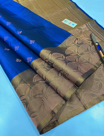 Royal Blue Handloom Pure Soft Silk Saree with Antique Gold Turning Border | Rich Contrast Pallu & Blouse | Silk Mark Certified