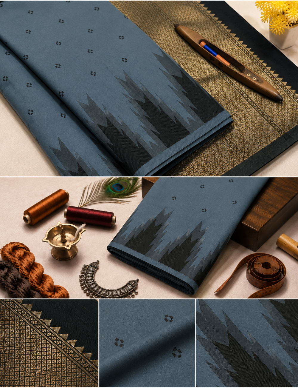 Elegant Grey Semi Soft Silk Saree with Bottle Green Temple Border | Thread Weaving Rich Pallu & Traditional Buttas