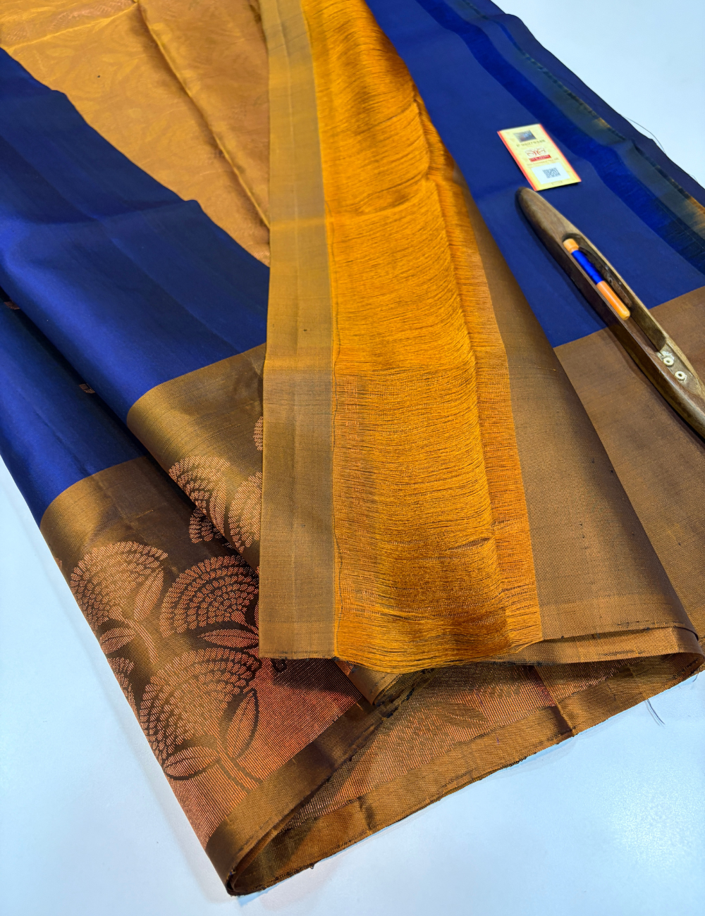 Royal Blue Handloom Pure Soft Silk Saree with Antique Gold Turning Border | Rich Contrast Pallu & Blouse | Silk Mark Certified