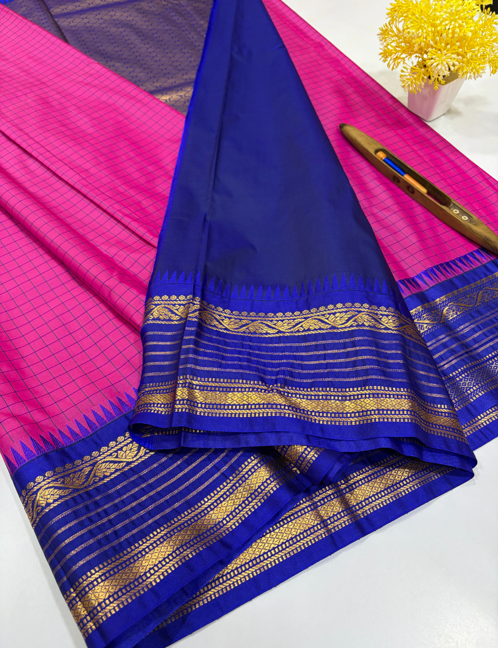 Handloom Rani Pink Checked Semi Soft Silk Saree with Contrast Border | Royal Blue Pallu & Blouse