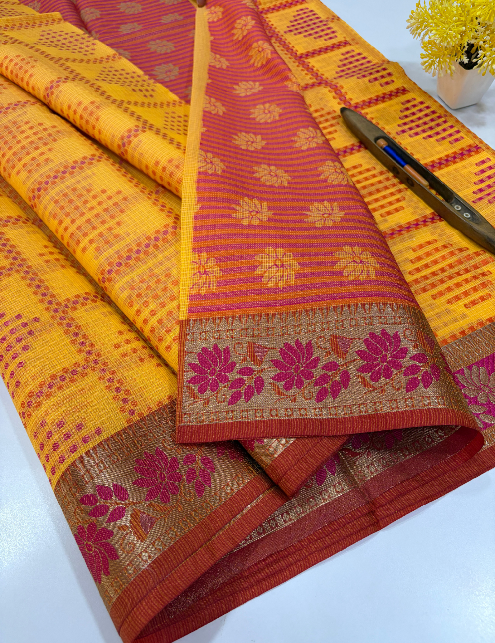 Handloom Mango Yellow Kota Cotton Saree with Kanchi Style Border | Rich Pallu & Full Brocade Blouse