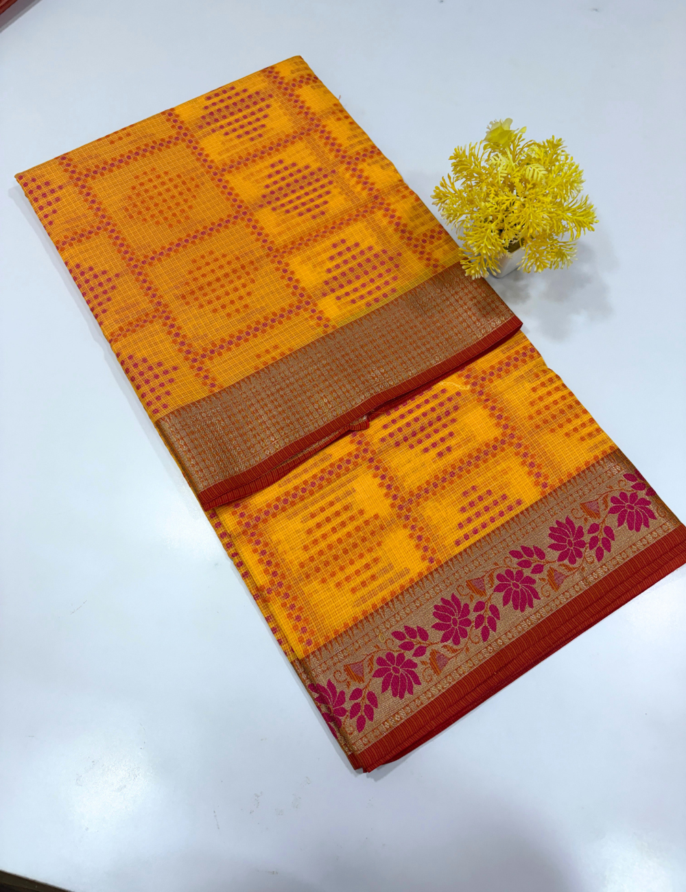 Handloom Mango Yellow Kota Cotton Saree with Kanchi Style Border | Rich Pallu & Full Brocade Blouse