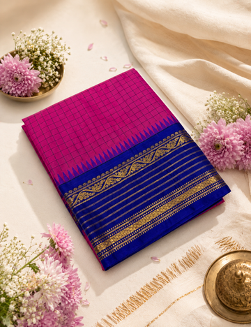 Handloom Rani Pink Checked Semi Soft Silk Saree with Contrast Border | Royal Blue Pallu & Blouse