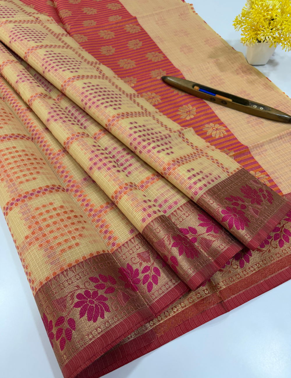 Handloom Sandal Colour Kota Cotton Saree with Kanchi Style Border | Rich Pallu & Full Brocade Blouse